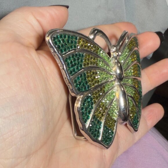 Butterfly Belt Buckle Vintage 80s Green Rhinestone Statement 4\